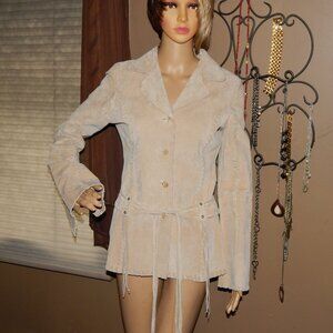 Wet Seal M Tan Suede Boho Chic Leather Jacket w Tie Waist & Fringe - EPOC